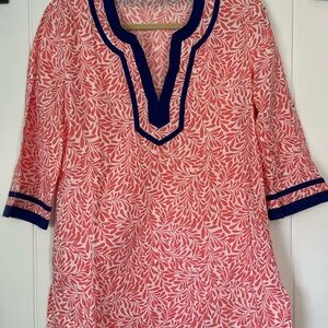 J. Crew Coral and Navy Leaf Tunic